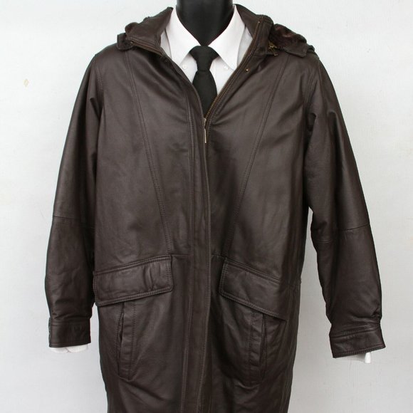 Veranesi Brown Leather Faux Fur Lined Hooded Overcoat Coat Mens ??W